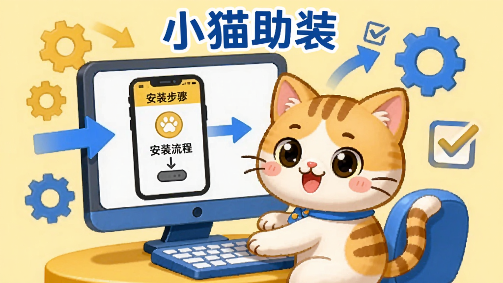 小猫助装操作教程示意图,画面展示一只卡通小猫坐在电脑前,屏幕上显示手机界面和安装步骤流程图,周围有箭头、齿轮、勾选框等元素,背景为浅黄色,风格活泼可爱,色彩以黄蓝为主,画质清晰,无杂乱元素,画面中带有“小猫助装”文字