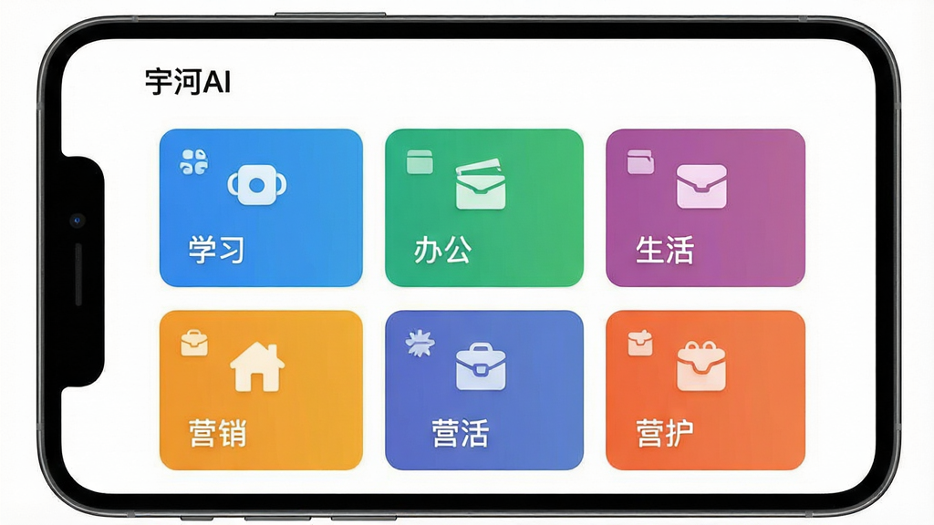 一张展示“宇河AI”功能模板的手机截图画面,屏幕中排列着学习、办公、生活、营销等彩色卡片式模板入口,背景为白色,布局为网格状,风格为扁平化设计,细节上每个卡片带有小图标和文字标签,画质清晰干净,无多余元素