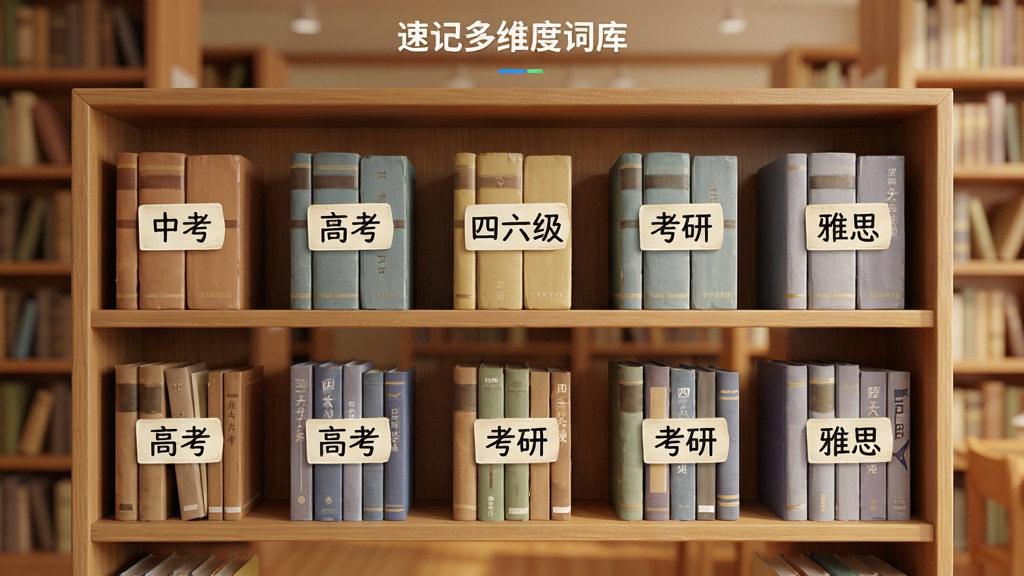 �����ټǶ�ά�ȴʿ���棬����չʾ�����ܽṹ��ÿ����ò�ͬ��ǩ�Ĵʿ��鼮����ǩ��д�С��п������߿������������������С�����˼��������������Ϊ��ů��ͼ���ɫ���������������򣬷��дʵ��ͣ�ϸ�����������ʸɾ����޶���Ԫ��