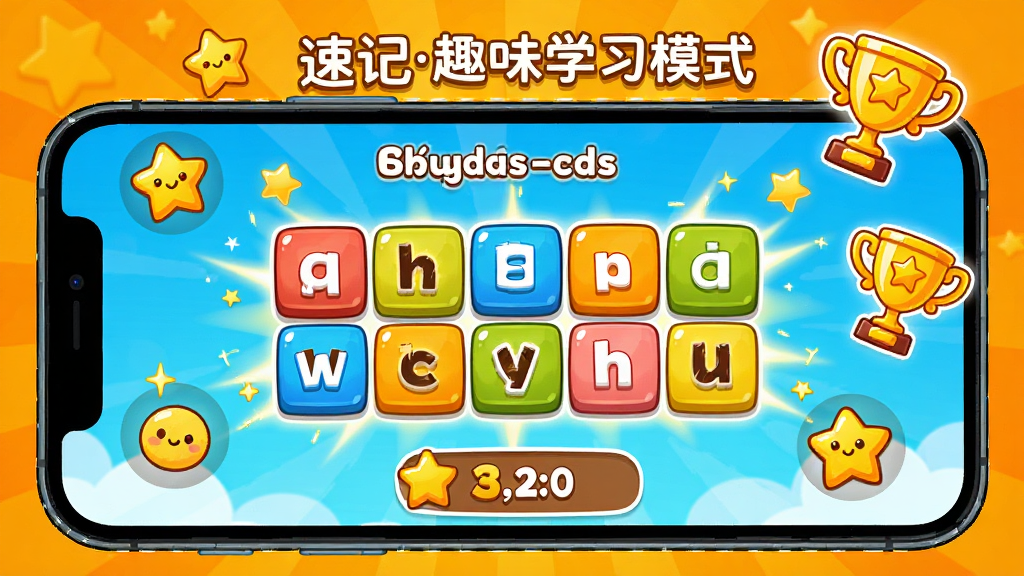 �����ټ�Ȥζѧϰģʽ���棬����չʾ�ֻ���Ļ�����ڽ���ƴд��ս��Ϸ����Ļ������ĸ����͵÷���Ч����ΧƯ�������Ǻͽ���ͼ�꣬����Ϊ�����ĳȻ�ɫ���������ÿ�ͨ��ϸ�����������ʸɾ����޶���Ԫ��