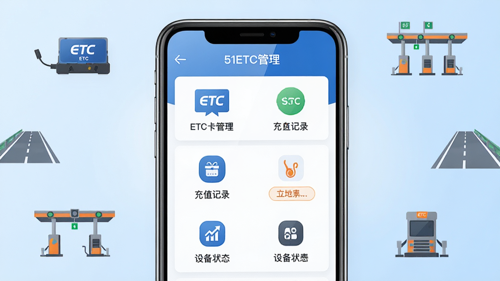 主体是一个智能手机屏幕,屏幕上显示着51ETC管理软件的界面,界面中包含ETC卡片管理、充值记录、设备状态等多个功能模块的图标和文字信息,布局整齐清晰;手机放置在画面中央,背景是干净的浅蓝色渐变,周围环绕着ETC设备、高速公路收费站等小图标作为装饰元素;排版采用居中构图,信息层次分明;风格为现代扁平化UI设计风格,色彩以蓝色和白色为主色调,辅以橙色作为功能按钮点缀;细节上手机屏幕有轻微的光泽反射,图标边缘锐利,文字清晰可辨;画质高清,干净,无多余元素