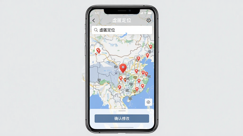 一张展示“虚匿定位”软件地图选点功能的图片,画面中央为手机屏幕,屏幕内显示详细的中国城市地图,地图上有红色定位图钉和搜索框,搜索框内写着“虚匿定位”,屏幕下方有“确认修改”按钮,背景为浅灰色,风格简约商务,画质清晰,干净无多余元素