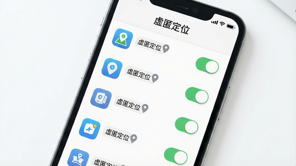 一张展示“虚匿定位”多应用管理界面的图片,手机屏幕内显示应用列表,每个应用图标旁有独立的地理位置标签和开关按钮,屏幕顶部有“虚匿定位”文字标识,背景为白色,风格清新浅色,画质清晰,干净无多余元素