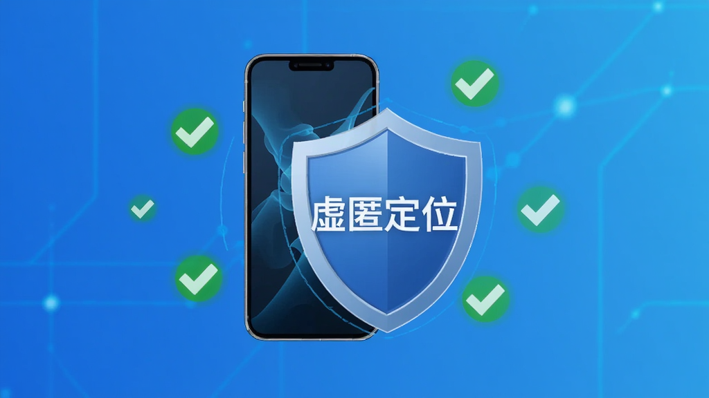 一张展示“虚匿定位”安全运行原理的图片,画面中央为手机和盾牌图标,盾牌上写着“虚匿定位”,手机周围有绿色对勾标记,背景为蓝色渐变,风格科技感,画质清晰,干净无多余元素