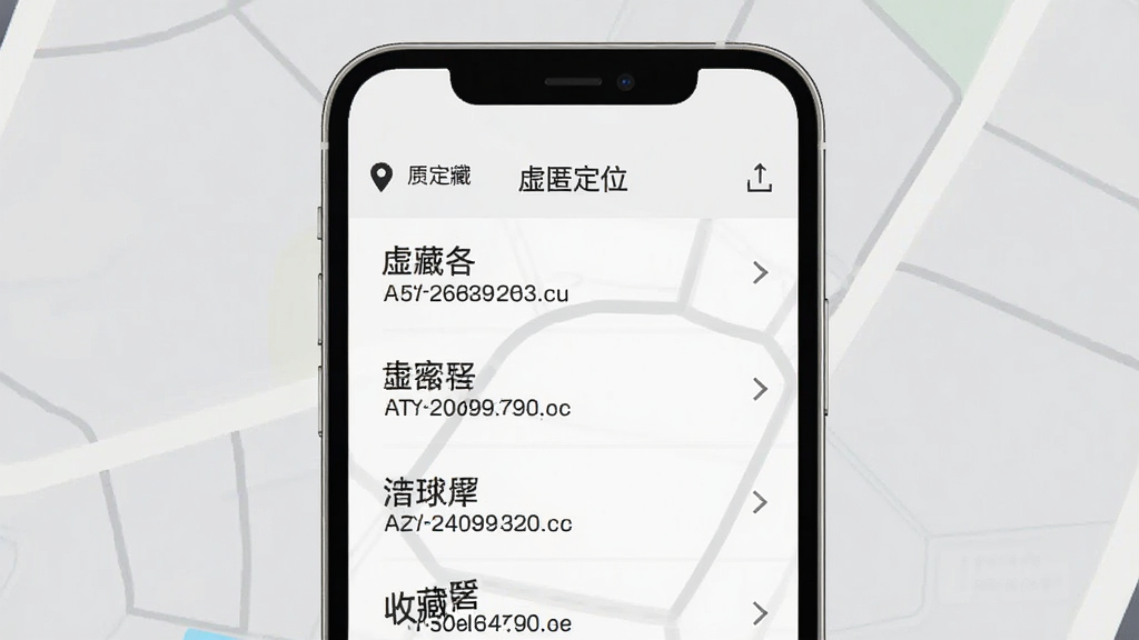 一张展示“虚匿定位”收藏夹功能的图片,手机屏幕内显示收藏地点列表,每个条目有名称和坐标信息,屏幕顶部有“虚匿定位”文字,背景为浅灰色,风格素雅极简,画质清晰,干净无多余元素