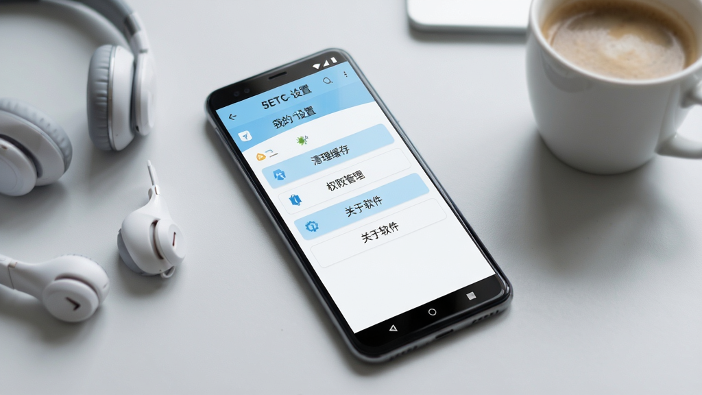 主体是一部安卓手机屏幕显示51ETC管理软件的“我的-设置”页面,页面上清晰展示清理缓存、权限管理、关于软件等选项按钮;手机以略微倾斜的角度放置在画面中央,背景是简洁的浅灰色桌面,旁边放着一副耳机和一杯咖啡作为生活化点缀;排版采用居中偏左构图;风格为清新生活化风格,色调以白色和浅蓝色为主;细节上手机屏幕亮度适中、按钮图标清晰、背景虚化自然;画质高清,干净,无多余元素