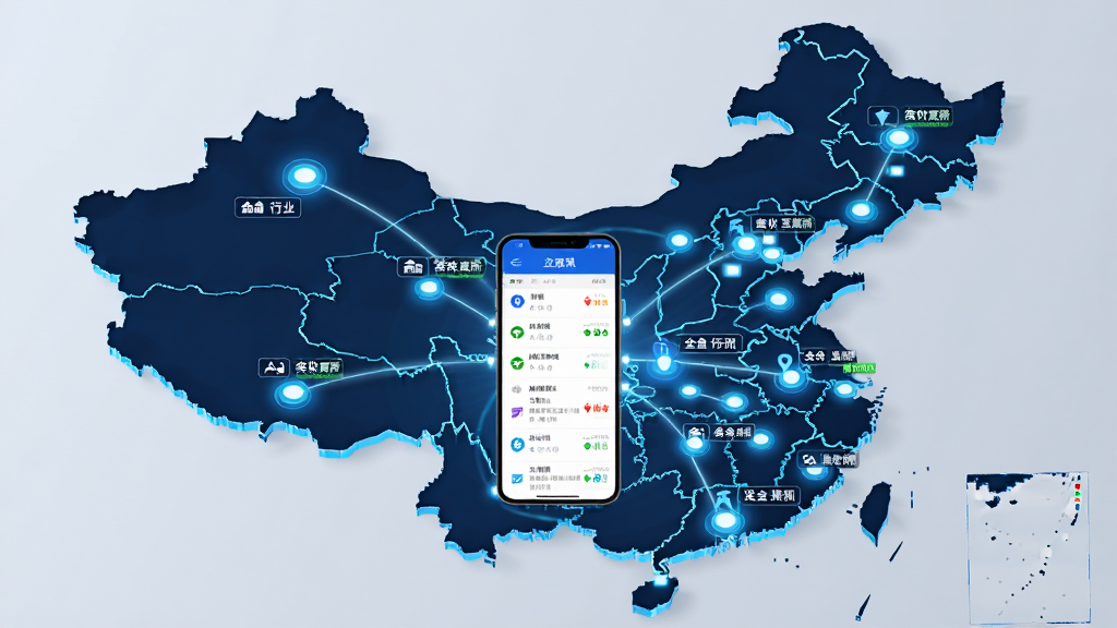 立达标讯全国标讯聚合功能展示图,主体为一张中国地图轮廓,地图上分布着多个发光的信息节点,节点连接至中央的手机屏幕,屏幕内显示分类标讯列表,布局为中心放射状构图,风格为科技商务感,细节包含省份标签、行业图标和实时更新标识,画质高清,干净,无多余元素