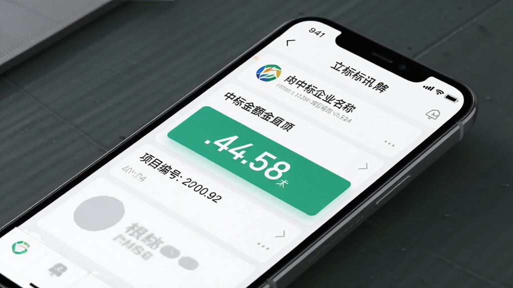 立达标讯中标结果追踪界面图,主体为手机屏幕展示中标公告详情页,页面内有中标企业名称、中标金额数字和项目编号,布局为上下信息层级,风格为简洁数据风,细节包含企业logo占位、金额高亮显示和时间戳,画质高清,干净,无多余元素