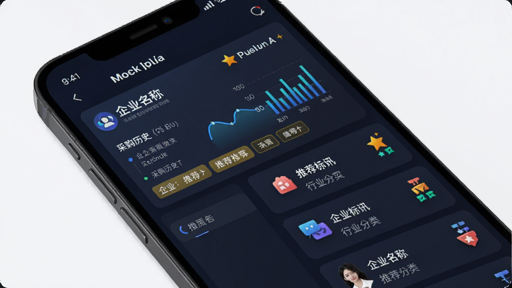 立达标讯企业画像与商机推荐功能展示,主体为手机屏幕内呈现企业信息卡片和推荐标讯列表,卡片上有企业名称、采购历史和推荐标签,布局为左右分栏加纵向列表,风格为数据可视化商务风,细节包含图表元素、推荐星标和行业分类图标,画质高清,干净,无多余元素
