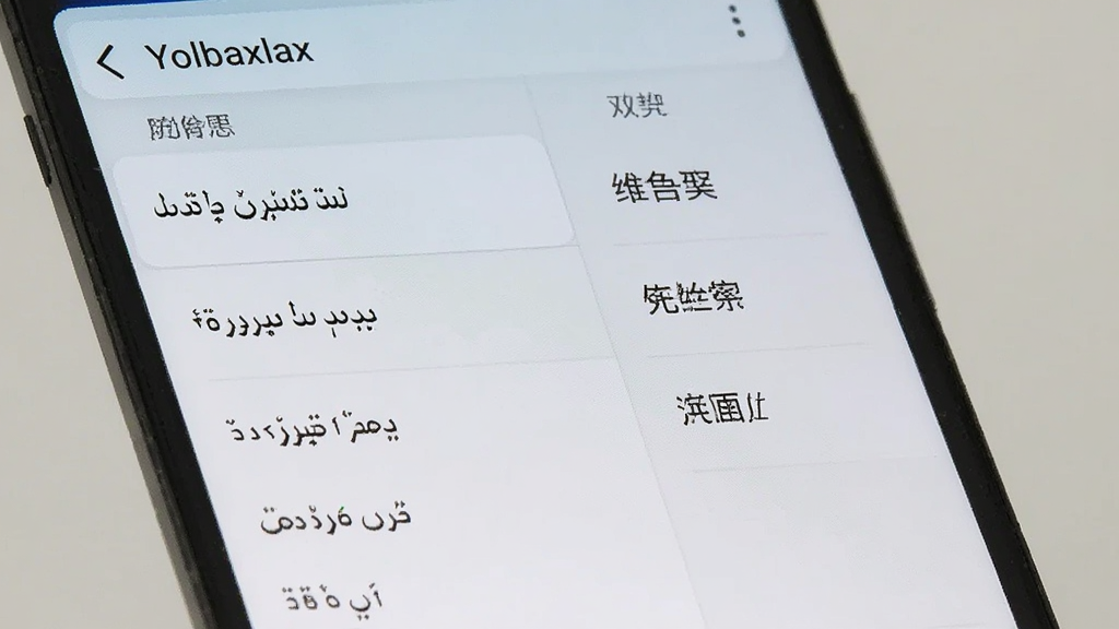 一部安卓手机屏幕特写,显示Yolbaxlax软件的双语设置页面,左侧为维吾尔语选项列表,右侧为对应的汉语翻译,界面整洁,字体清晰,背景为浅色渐变,画质干净,无多余元素