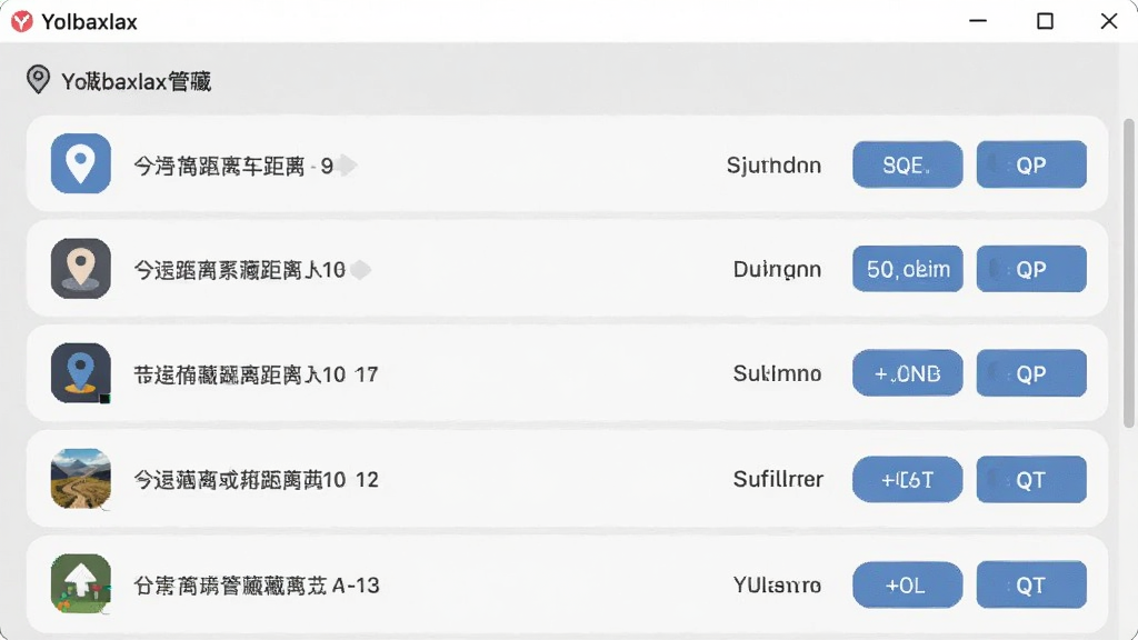 Yolbaxlax软件内的收藏地点管理界面,列表展示多个已保存的位置条目,每条左侧有自定义图标,右侧显示距离与操作按钮,背景为柔和浅灰色,排版整齐,画质干净,无多余元素