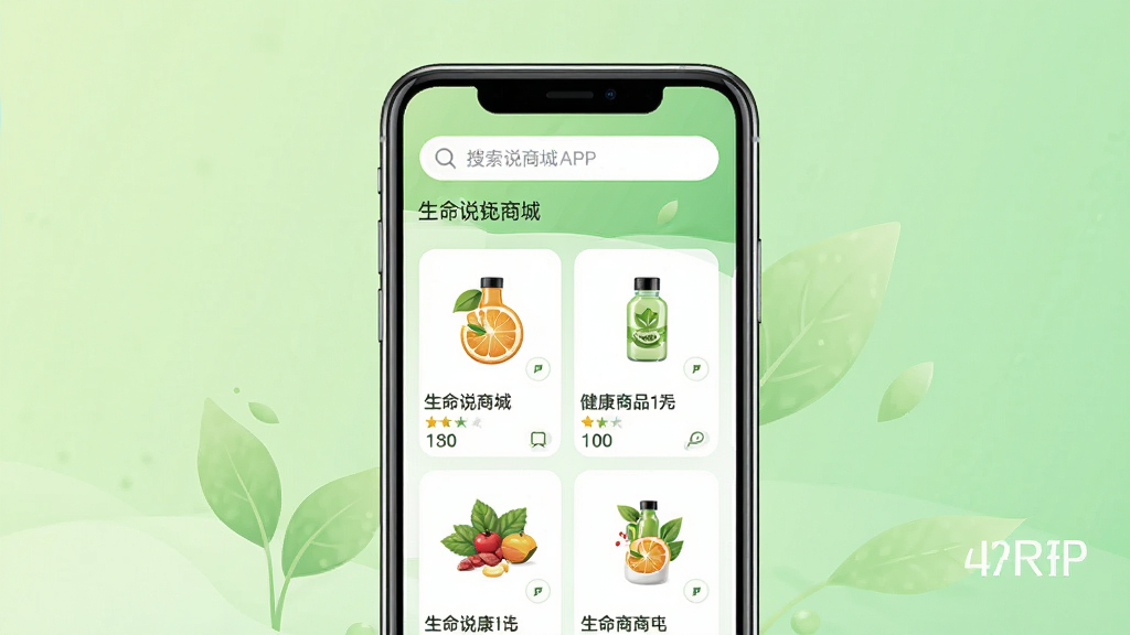 生命说商城APP主界面展示,手机屏幕中呈现健康商品分类列表与顶部搜索栏,背景为浅绿色渐变,整体风格清新自然,画质清晰,干净无多余元素