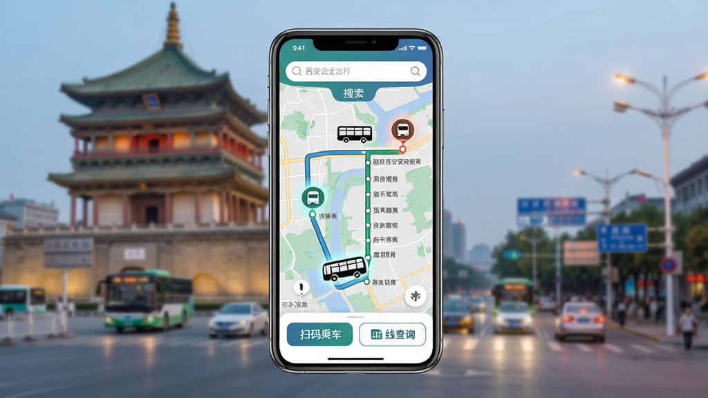 一张展示西安公交出行APP主界面的手机样机图,画面中央是手机屏幕,屏幕内显示西安公交出行APP的实时公交地图界面,地图上有移动的公交车图标和站点标记,屏幕上方有搜索框,下方有扫码乘车和路线查询按钮,背景是西安钟楼与城市街景的虚化融合,布局简洁居中,风格现代科技感,细节包括公交车图标带有轻微光晕效果,地图路线清晰,画质高清,干净,无多余元素