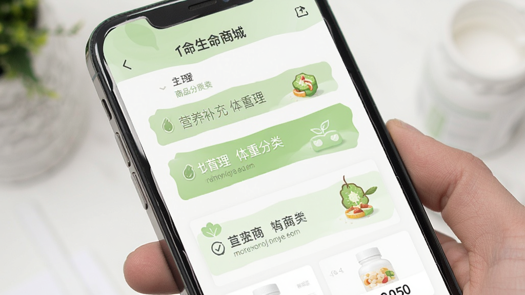 生命说商城商品分类页面,手机屏幕显示营养补充、体重管理等分类标签,界面整洁,配色以白色和浅绿色为主,画质清晰