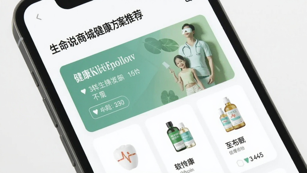 生命说商城健康方案推荐界面,手机屏幕上展示个性化健康计划卡片与配套商品,风格简洁现代,画质清晰,干净无多余元素
