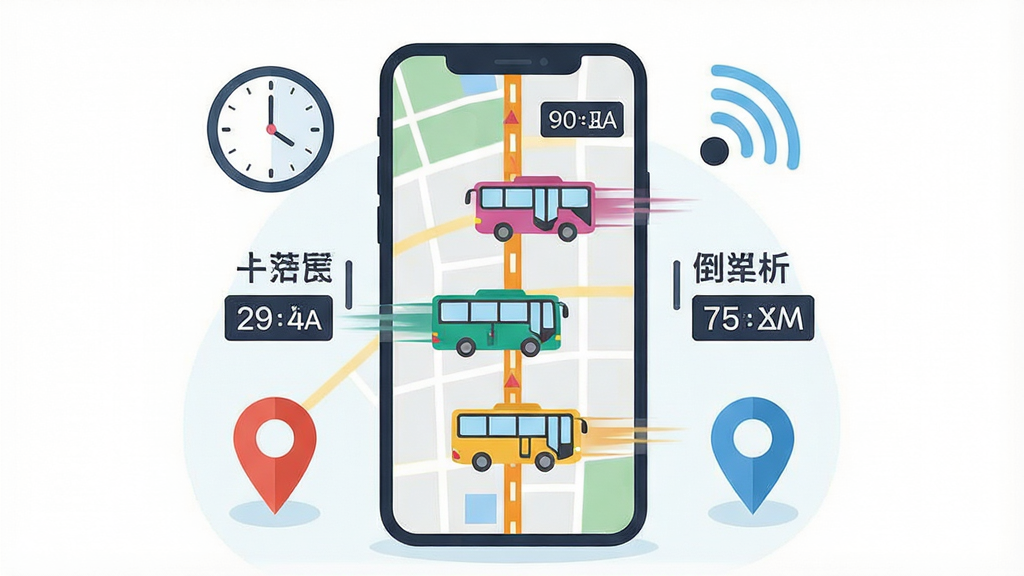 一张以西安公交出行APP实时公交追踪功能为主题的扁平化插画,画面中心是一部智能手机,手机屏幕显示地图界面,地图上有三辆不同颜色的公交车图标正在线路上移动,旁边有站点名称和倒计时数字,手机周围环绕着时钟、定位 pin 和信号波纹元素,布局采用左右对称式,风格简洁明快,细节包括公交车图标带有动态拖尾效果,数字显示清晰,画质高清,干净,无多余元素