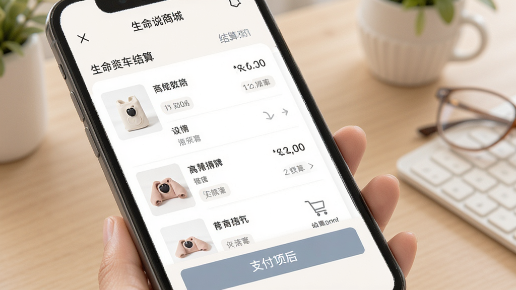 生命说商城购物车与结算页面,手机屏幕显示商品清单与支付按钮,界面布局清晰,配色柔和,画质清晰