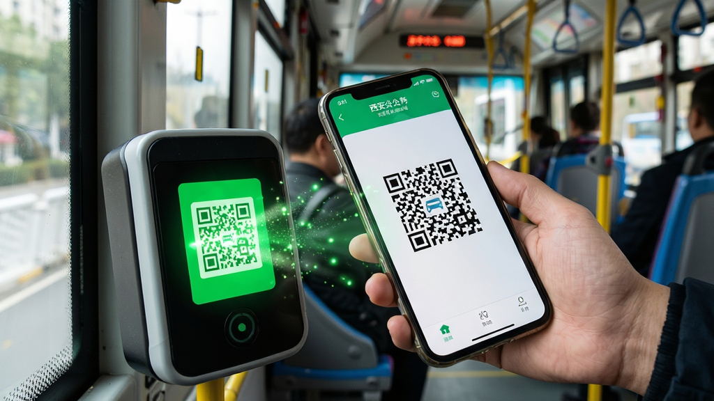 一张展示西安公交出行APP扫码乘车功能的场景图,画面主体是一只手拿着智能手机靠近公交车上的扫码刷卡机,手机屏幕显示明亮的乘车二维码,扫码机发出绿色扫描光线,背景是公交车厢内部环境,布局以手机与扫码机为视觉中心,风格写实且富有生活气息,细节包括二维码纹理清晰,扫描光线有粒子效果,画质高清,干净,无多余元素