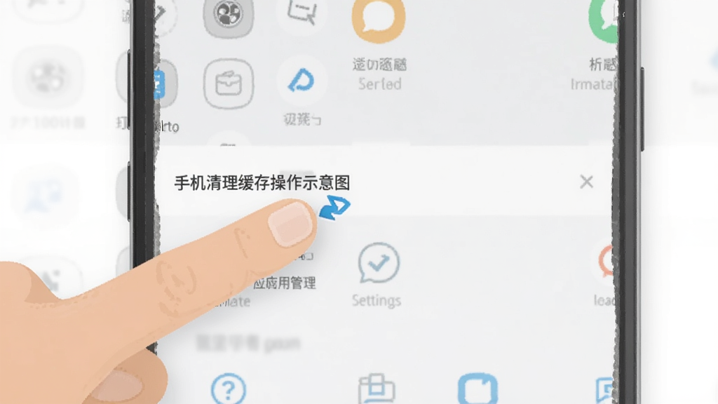 手机清理缓存操作示意图,手指点击设置中的应用管理选项,界面简洁,风格扁平化,画质清晰,突出操作步骤