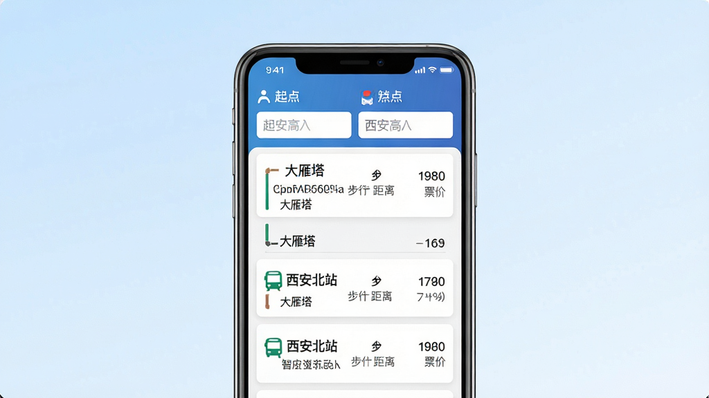 一张以西安公交出行APP智能换乘规划界面为主题的界面展示图,画面中央是手机屏幕,屏幕内显示从大雁塔到西安北站的换乘方案列表,包含公交线路号、步行距离、预计时间和票价,屏幕上方有起点终点输入框,背景是淡蓝色渐变,布局简洁清晰,风格商务实用,细节包括方案列表有卡片式分隔,数字和图标排列整齐,画质高清,干净,无多余元素