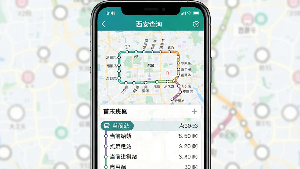 一张展示西安公交出行APP线路查询功能的手机截图风格图,画面中手机屏幕显示某条公交线路的详情页,包括线路走向地图、站点列表和首末班时间,地图上用彩色线条标出线路轨迹,站点用小圆点表示,背景是西安城市地图的浅色底纹,布局为上下结构,风格清新直观,细节包括站点列表有高亮当前站,画质高清,干净,无多余元素