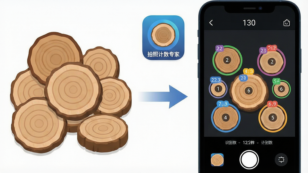 一张展示AI图像识别原理的示意图,画面左侧是一堆散落的圆形木材横截面,右侧是手机屏幕中拍照计数专家应用将每个木材横截面用不同颜色圆圈框出并标注数字编号,中间用箭头连接表示识别过程,整体风格为扁平化科技插画风,细节包括清晰的“拍照计数专家”应用图标和识别计数数字,画质清晰,画面干净,无多余元素
