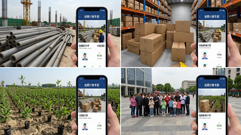 一张展示拍照计数专家多场景应用模式的拼贴图,画面分为四个区域分别展示建筑工地钢管计数、仓库纸箱计数、农田苗木计数和广场人群计数,每个区域都有手机屏幕显示对应场景下的自动识别计数效果,整体风格为真实场景照片合成,细节包括每个手机屏幕中清晰的“拍照计数专家”界面和计数结果,画质高清,画面干净,无多余元素
