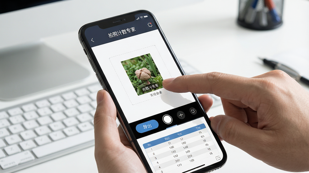 一张展示手机屏幕中拍照计数专家应用手动修正界面的图片,画面中用户手指正在点击屏幕添加一个未被识别的物体标记,屏幕下方显示导出按钮和表格预览,背景是简洁的办公桌面,整体风格为写实UI展示风,细节包括清晰的“拍照计数专家”应用标题和操作提示文字,画质高清,画面干净,无多余元素