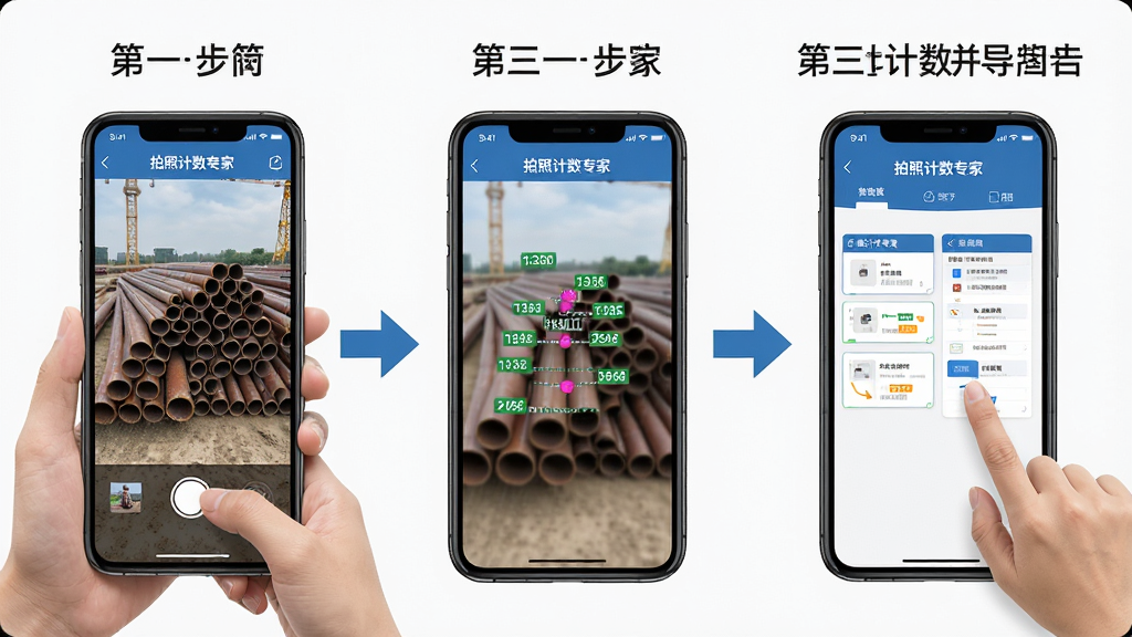 一张展示用户在建筑工地上使用拍照计数专家进行钢管计数的操作流程图,画面分为三步:第一步手机对准钢管堆拍摄,第二步屏幕显示自动标注编号的识别结果,第三步手指点击修正并导出表格,整体风格为步骤图解风,细节包括清晰的“拍照计数专家”应用界面和操作箭头,画质高清,画面干净,无多余元素
