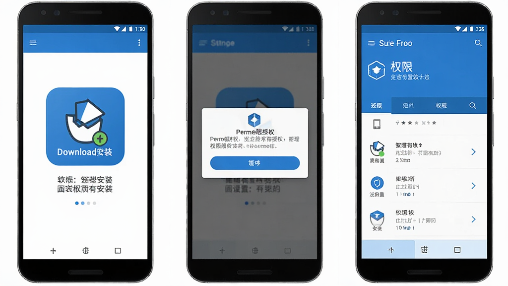 一张展示有理有据软件在安卓手机上安装与权限设置步骤的示意图,画面分为三个部分,左侧显示下载安装包,中间显示权限授权弹窗,右侧显示软件主界面,整体风格简洁清晰,配色以蓝色和白色为主,细节明确,画质高清,干净无多余元素
