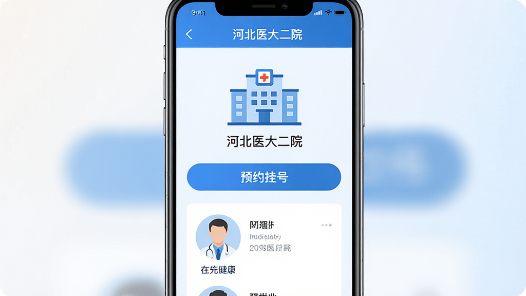 ����Ϊһ�������ֻ�����Ļ����ʾҽ�ƽ�����Ӧ�ý��棬����Ϊ�ֻ��������չʾ���Ű������������Ϊ�ִ��Ƽ��б�ƽ����ƣ�ϸ�ڰ�����ɫ��ɫ����ҽԺ����ͼ�ꡢԤԼ�ҺŰ�ť��ҽ��ͷ���б������ʸ���ɾ��޶���Ԫ�أ�����Ϊǳɫ���䣬ͼƬ�����ֱ�ע���ӱ�ҽ���Ժ��