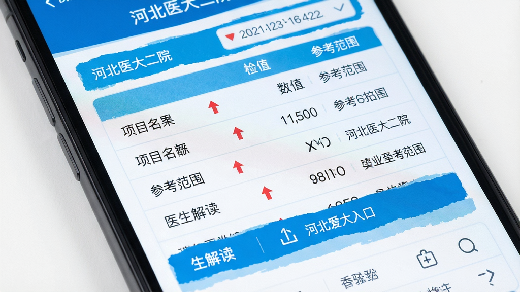 ����Ϊ�ֻ���Ļչʾҽ�Ƽ��鱨����棬����Ϊ���浥�б��������У��Ű����Ϊ��Ŀ�����Ҳ�Ϊ��ֵ�Ͳο���Χ�����Ϊ����ҽ��������ɫ��ϸ�ڰ�����ɫ�쳣��ͷ��ʶ������ɸѡ����ҽ�������ڣ����ʸ���ɾ��޶���Ԫ�أ�ͼƬ�����ֱ�ע���ӱ�ҽ���Ժ��