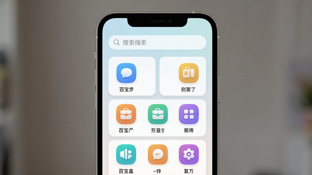一张手机屏幕居中展示百宝盒应用主界面,界面采用卡片式布局,上方有搜索栏,中部排列多个彩色功能图标,背景为浅色渐变,整体风格清爽现代,细节清晰,画质干净,无多余元素,4K高清