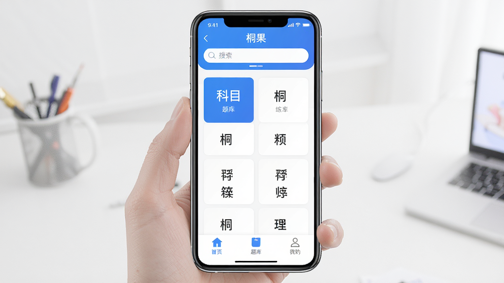桐果软件主界面展示,手机屏幕中央显示桐果APP的题库练习页面,顶部有搜索栏,下方为科目分类卡片,底部导航栏包含首页、题库、我的等图标。整体采用蓝白配色,界面干净整洁,文字清晰可辨,布局合理,风格简约现代,细节丰富,画质高清,无多余元素。