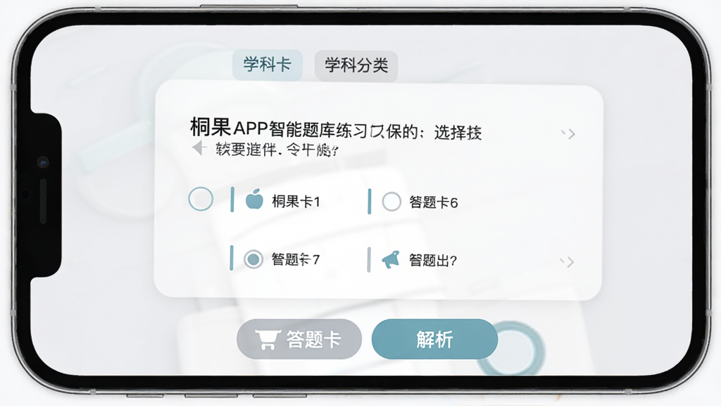 桐果APP智能题库练习界面,手机屏幕展示一道选择题,题干清晰,四个选项分列下方,底部有答题卡和解析按钮。界面采用卡片式设计,配色柔和,文字排版工整,背景为浅灰色,突出学科分类标签。风格简洁明快,细节精致,画质高清,无杂乱元素。