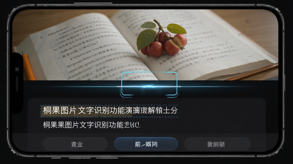 桐果图片文字识别功能演示,手机屏幕上半部分显示一张课本照片,下半部分为识别出的文字结果,中间有扫描动画效果。界面以深色模式呈现,文字高亮显示,按钮布局合理,风格科技感强,细节丰富,画质清晰,无杂乱元素。