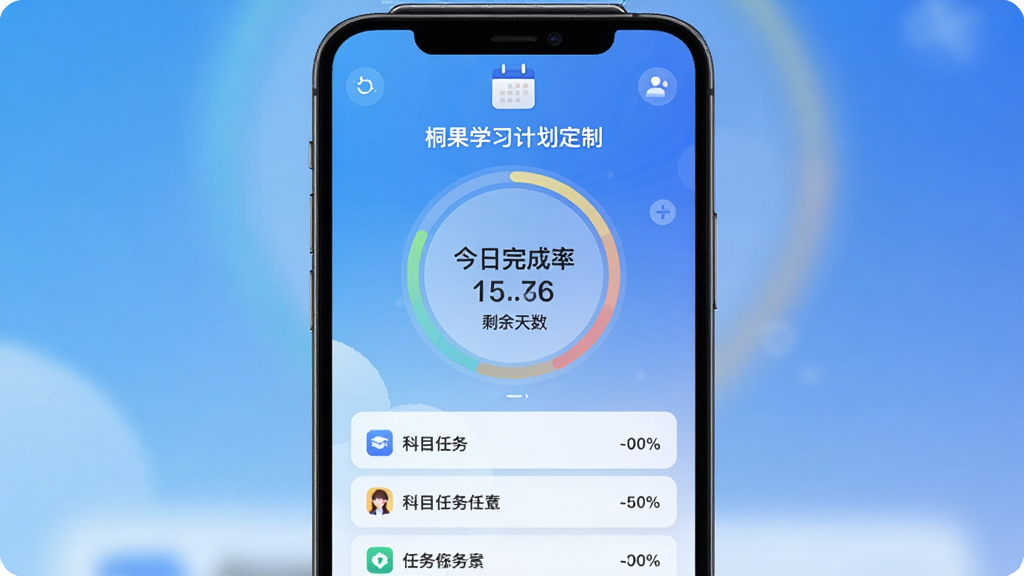 桐果学习计划定制页面,手机屏幕中央显示环形进度图,标注今日完成率和剩余天数,下方列出各科目任务清单,顶部有日历图标。界面采用渐变蓝色背景,白色卡片承载内容,文字清晰,风格现代,画质高清,排版整洁。