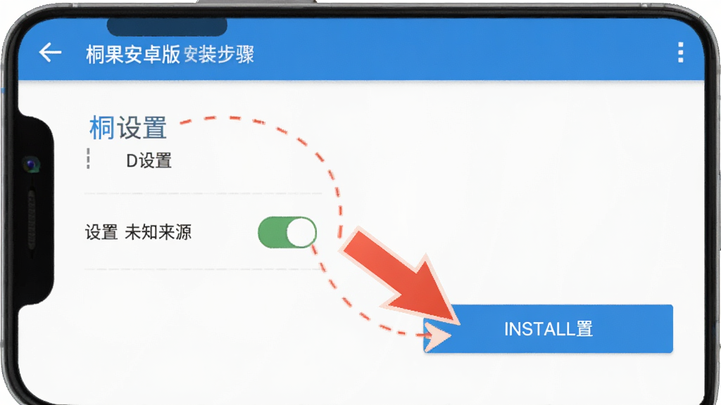桐果安卓版安装步骤示意图,手机屏幕显示设置中的未知来源权限开关,旁边有箭头指向安装按钮,界面以蓝色和白色为主,图标清晰,文字说明简洁,风格扁平化,画质高清,无多余元素。