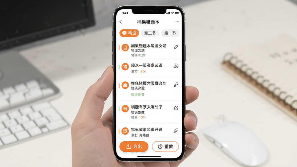 桐果错题本功能界面,手机屏幕显示错题列表,每道题旁标注错误次数和所属章节,顶部有筛选标签,底部有导出和重做按钮。界面以白色为主,辅以橙色点缀,图标简洁,布局清晰,风格清爽,画质细腻,无多余装饰。