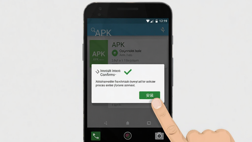 一张展示安卓手机安装 APK 文件过程的示意图,画面中手机屏幕显示安装确认对话框,旁边有手指点击“安装”按钮,背景为浅灰色,风格简洁,画质清晰,干净,无多余元素