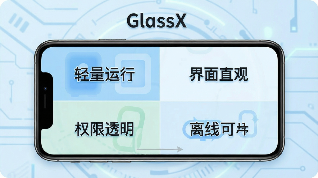 一张展示 GlassX 应用功能模块的示意图,画面中手机屏幕被分割成几个区域,分别标注轻量运行、界面直观、权限透明、离线可用等字样,背景为淡蓝色科技风格,排版整洁,画质清晰,干净,无多余元素