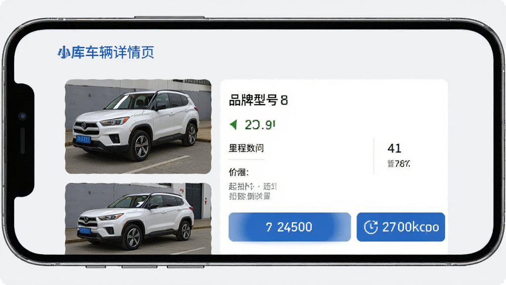 电小库车辆详情页面,手机屏幕展示一辆白色SUV的拍卖信息,页面中包含车辆多角度照片、品牌型号文字、里程数、起拍价格、拍卖倒计时等元素,背景为浅灰色,界面布局整洁有序,蓝白主色调,扁平化设计风格,高清画质,手机应用界面展示