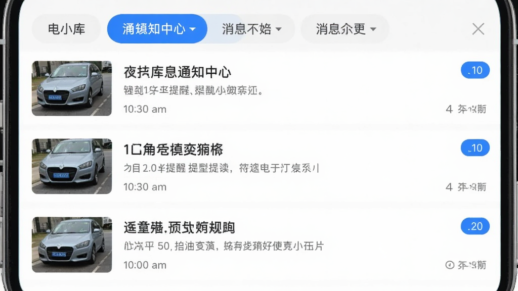 电小库消息通知中心界面,手机屏幕显示多条拍卖提醒消息列表,每条消息包含车辆缩略图、提醒文字和时间戳,顶部有消息分类标签栏,整体采用浅色背景,蓝色高亮未读标记,界面清爽简洁,扁平化设计,高清画质,手机App截图风格