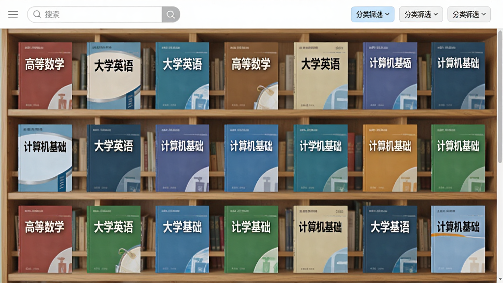 一个以书架为背景的数字教材资源库界面,画面中整齐排列着数十本不同颜色的电子教材封面,每本书封面都写有不同学科名称如“高等数学”“大学英语”“计算机基础”等,界面顶部有搜索框和分类筛选按钮,整体风格简洁明亮,画面干净清晰,高清画质,适合展示软件资源丰富度