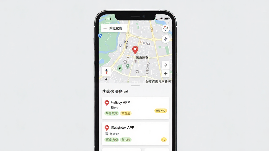 һ��չʾ��������APP�ŵ��ѯ���ܵĽ���ʾ��ͼ������Ϊ�ֻ���Ļ��ʾ��ͼ��λ�͸����ŵ��б�������Ϊ���½ṹ���Ϸ��ǵ�ͼ���·����ŵ꿨Ƭ�����Ϊ�ִ���Լ���ϸ���������ŵ�����Ӫҵ״̬��ǩ�������������ɾ����޶���Ԫ��