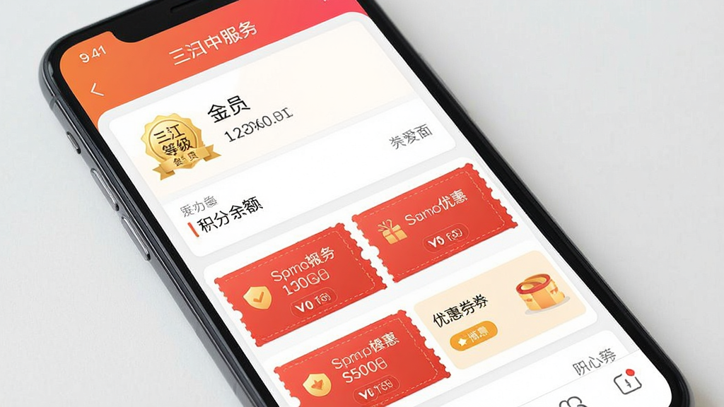 һ��չʾ��������APP��Ա���Ľ�����ֻ���ͼ������Ϊ�ֻ���Ļ��ʾ��Ա�ȼ������������Ż�ȯ�б�������Ϊ��ֱ�б��Ű棬���Ϊ��ˬ��UI��Ʒ��ϸ�������ֽ�ɫ��Ա��ʶ�ͺ�ɫ�Ż�ȯ�����ʸ��壬�ɾ����޶���Ԫ��