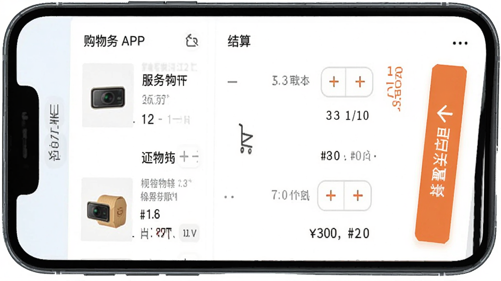 һ��չʾ��������APP���ﳵ�����ҳ����ֻ�����ͼ������Ϊ�ֻ���Ļ��ʾ���ﳵ��Ʒ�б��ͽ��㰴ť������Ϊ��������Ϣ�㼶�����Ϊ��ƽ����ƣ�ϸ����������Ʒ���������ͼ۸���ϸ�����ʸ��壬�ɾ����޶���Ԫ��