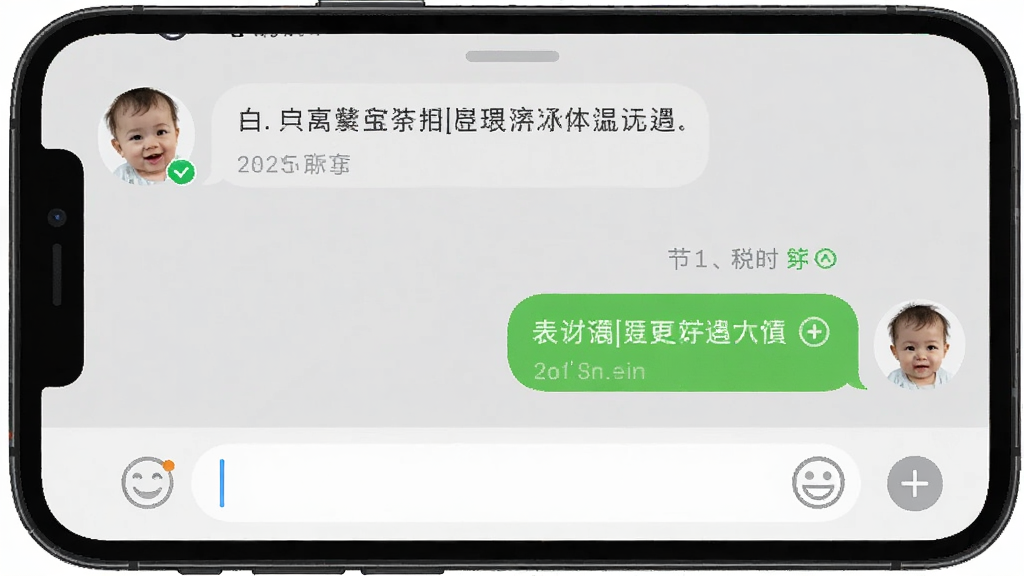 遇宝宝实时聊天界面,手机屏幕显示对话气泡,左侧为对方头像与消息,右侧为用户自己发送的消息,输入框位于底部,表情按钮与加号图标清晰可见,背景为浅灰色聊天背景,风格日常真实,细节包括时间戳与已读标记,画质清晰,干净,无多余元素