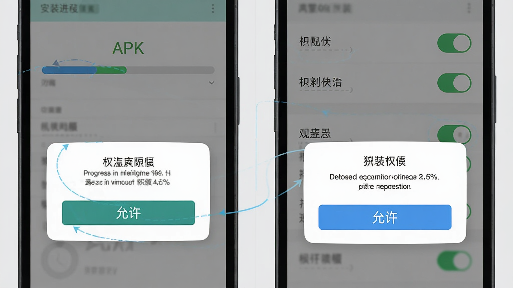 遇宝宝应用安装步骤示意图,手机屏幕显示APK安装界面与权限授权弹窗,画面分为左右两部分,左侧为安装进度条,右侧为权限开关列表,背景为浅灰色,风格教程类,细节包括“允许”按钮与进度百分比,画质清晰,干净,无多余元素