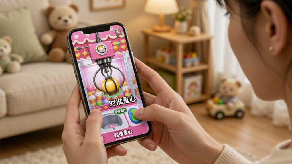 画面展示一名用户正拿着手机玩乐萌抓娃娃,手机屏幕显示抓取成功的画面,旁边有提示文字“对准重心”“轻推摇杆”等。背景为温馨的室内环境,整体风格生活化,画质清晰,突出新手操作场景。